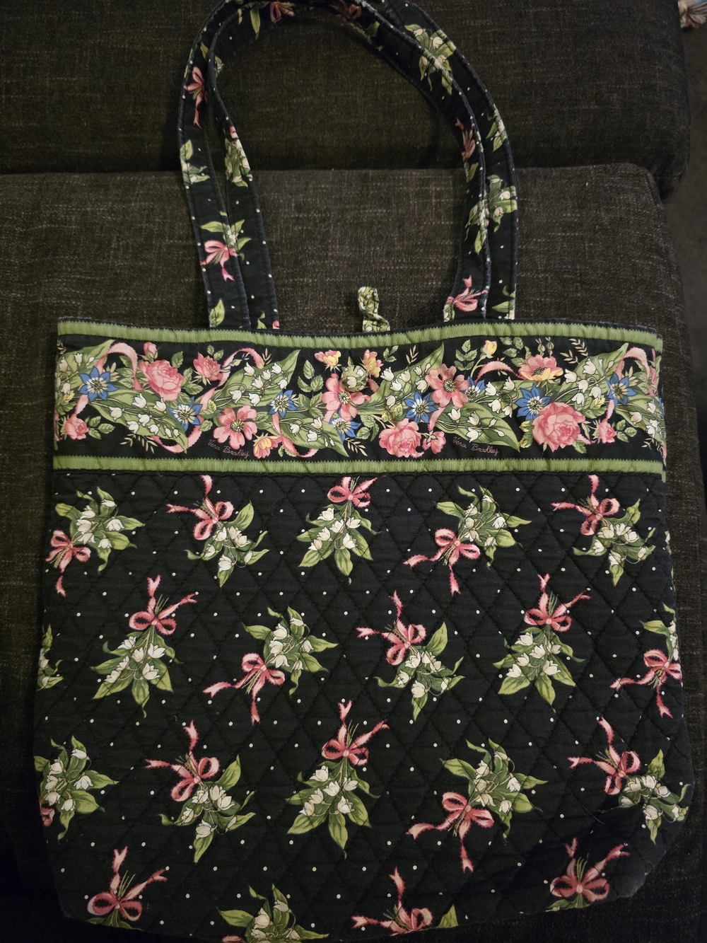 Vera Bradley Black Quilted Tote with Pink Floral Bows